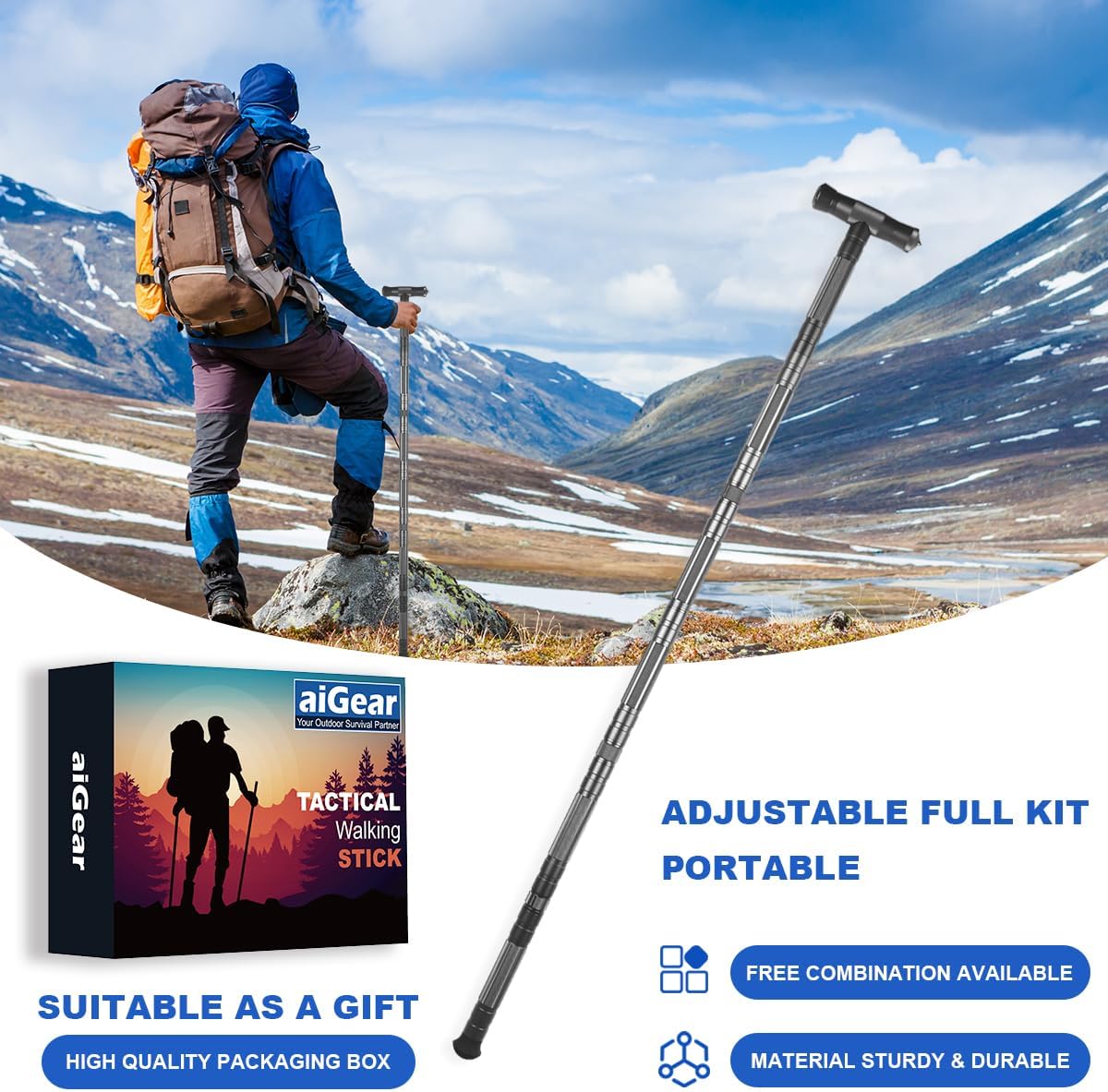 aiGear Tactical Stick Hiking Walking Staff - Trekking Poles Tactical Staff Adjustable Hiking Stick Gear for Outdoor Survival Camping Hiking - Image 6