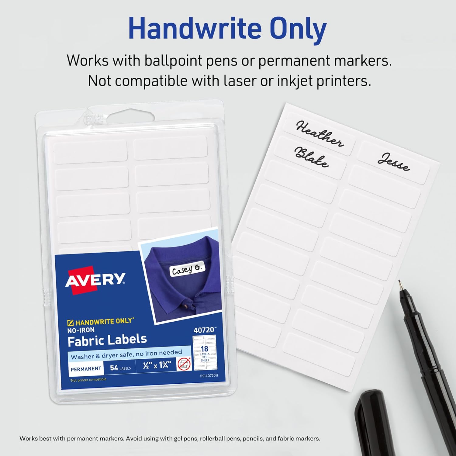 Avery No-Iron Fabric Labels, 1/2" x 1-3/4", Washer and Dryer-Safe Waterproof Labels, Non-Printable, 54 Total (40720) - Image 6