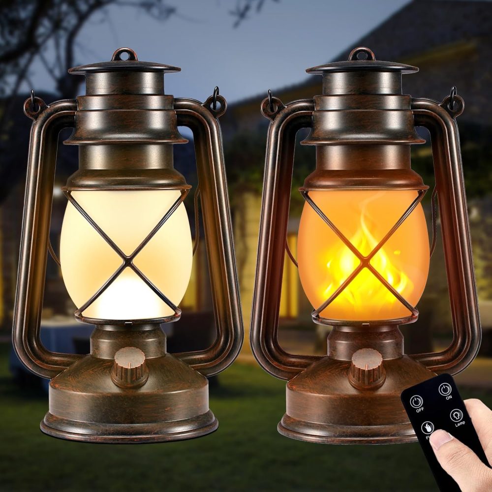 Battery-Powered LED Lanterns Decorative Outdoor & Indoor,2 Pack Bronze Vintage Lanterns with Dancing Flame,Retro Style Lantern Decor for Room Waterproof Remote Control Lanterns Decor for Garden,Porch