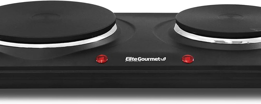 Elite Gourmet EDB-302BF Countertop Double Cast Iron Burner, 1500 Watts Electric Hot Plate, Temperature Controls, Power Indicator Lights, Easy to Clean, Black