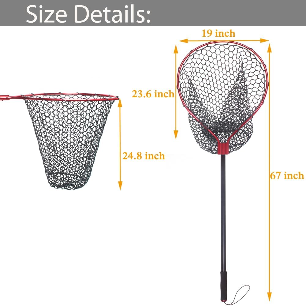 Fishing Landing Net with Long Handle Non-Telescopic,Large Rubber Fishing Net for Kayak/Fly | Hoop Size 23.6″ x 19″ | Overall Length: 67″ | Net Depth 24.8″ - Image 5