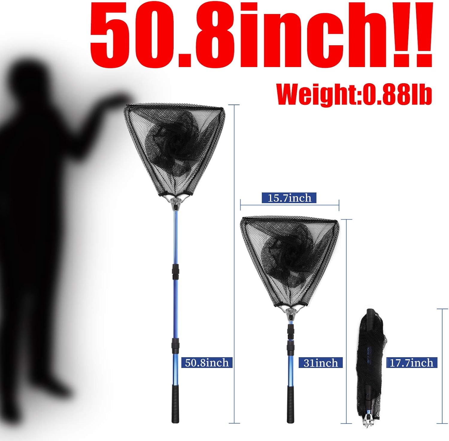 Fishing Net with Long Robust Telescopic Handle for Freshwater and Saltwater,Extend to 50.8 Inch,Foldable Nylon Mesh Landing Net - Image 2
