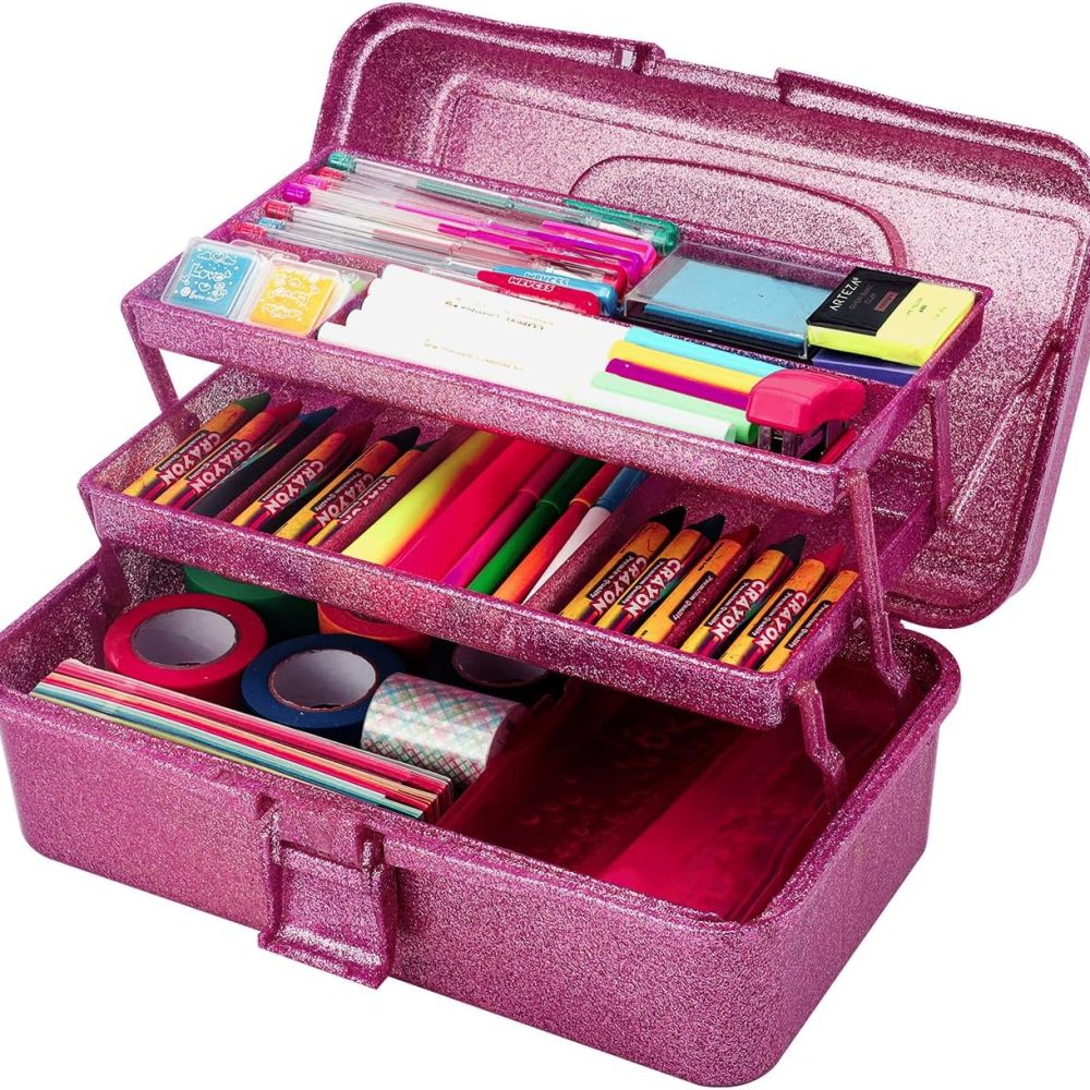 Glitter Purple 3 Layer Craft Storage Box, Purple Tackle Box Organizer for Craft Tool, Cosmetic Organizer for Girls