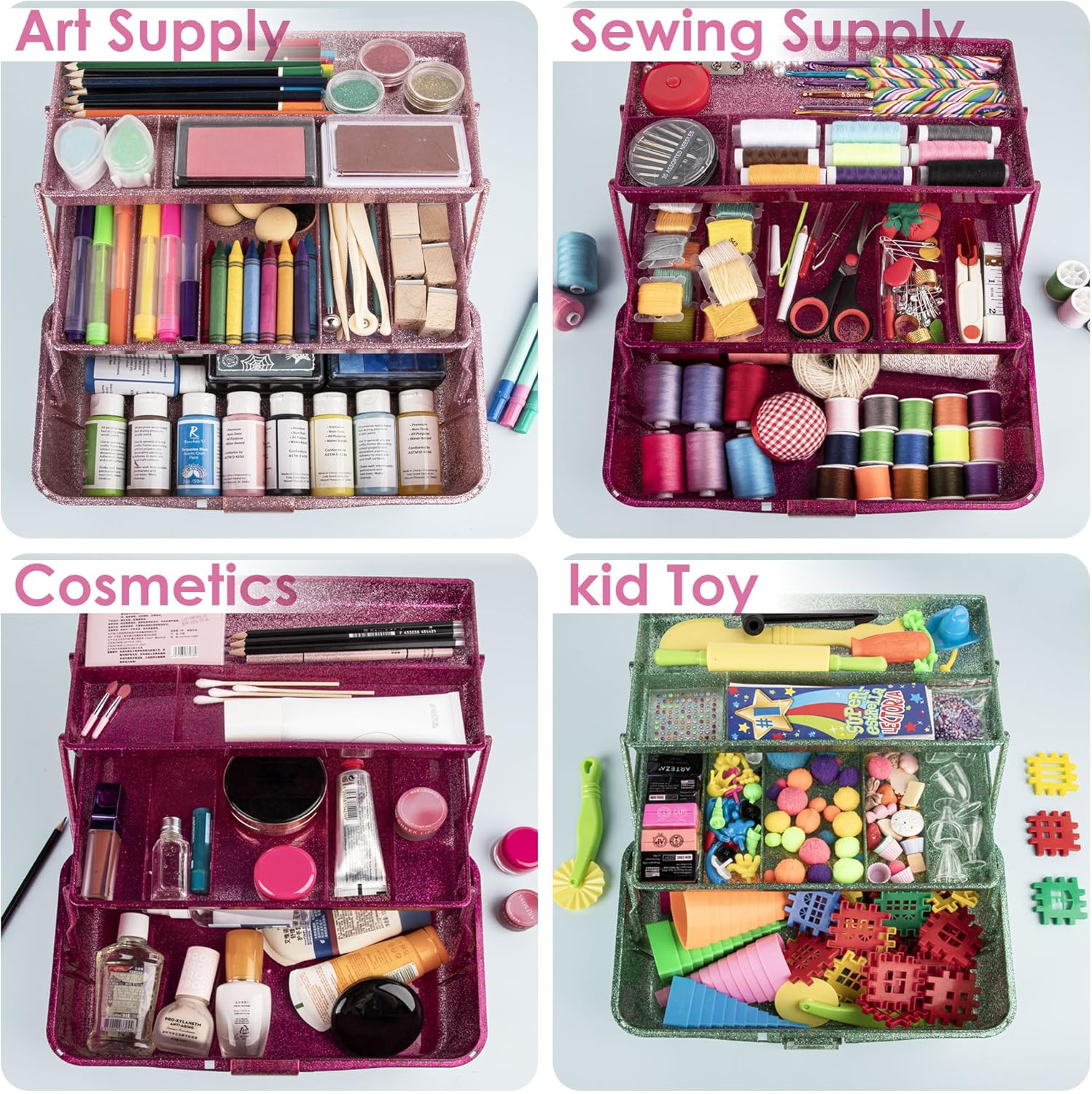 Glitter Purple 3 Layer Craft Storage Box, Purple Tackle Box Organizer for Craft Tool, Cosmetic Organizer for Girls - Image 4