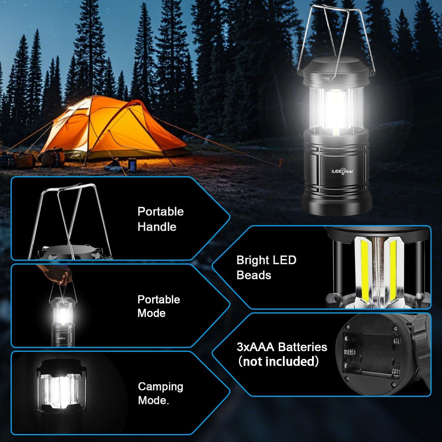 LED Camping Lantern, Battery Operated Lights, Adjustable Brightness for Camping, Emergencies, Power Outages, Outdoor Collapsible Lanterns, 2 Pack - Image 4